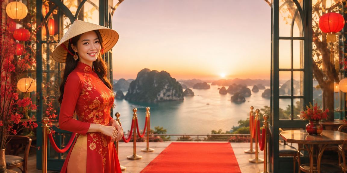 Người chơi bài tại Vịnh Hạ Long với nón lá truyền thống trong không khí sang trọng