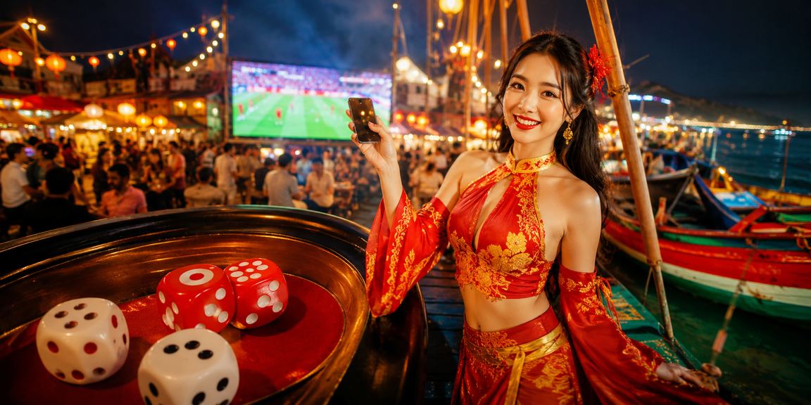 Người chơi Tài Xỉu xúc xắc tại chợ đêm Mũi Né với không khí sôi động và ánh đèn neon